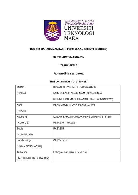 Script Tmc Role Play Tmc Bahasa Mandarin Permulaan Tahap I