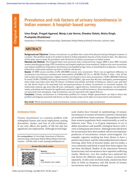 Pdf Prevalence And Risk Factors Of Urinary Incontinence In Indian