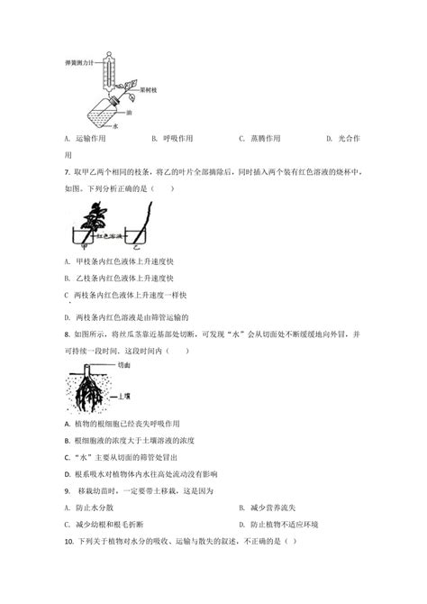 人教版七上生物第3单元第3章绿色植物与生物圈的水循环同步练习（含解析）21世纪教育网 二一教育