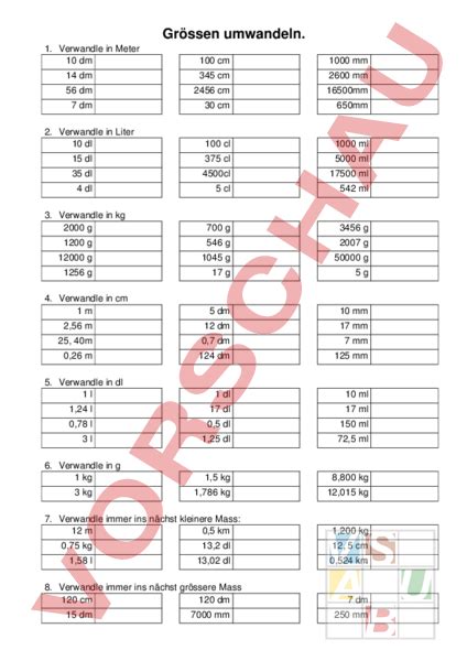 Arbeitsblatt Grössen umwandeln Mathematik Sachrechnen Grössen