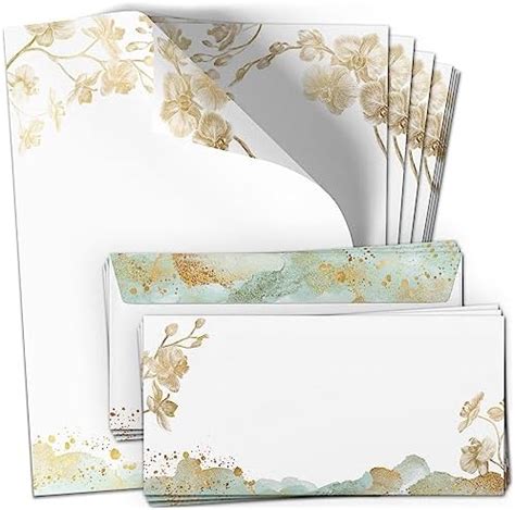 10 Briefpapier Mit Briefumschlag SET Orchidee Gold Look Papier Und