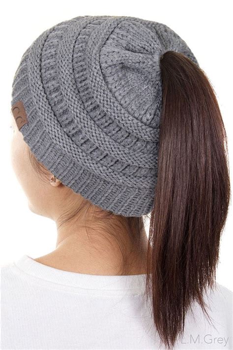 C C Beanietail Soft Stretch Cable Knit Messy High Bun Ponytail Beanie