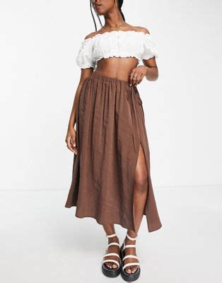 Falda midi marrón con cintura elástica de lyocell de ASOS DESIGN ASOS