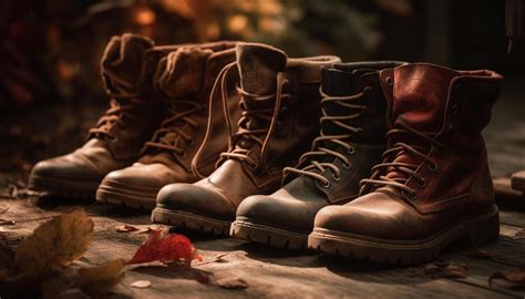 Rugged leather boots, perfect for autumn hiking in the forest generated