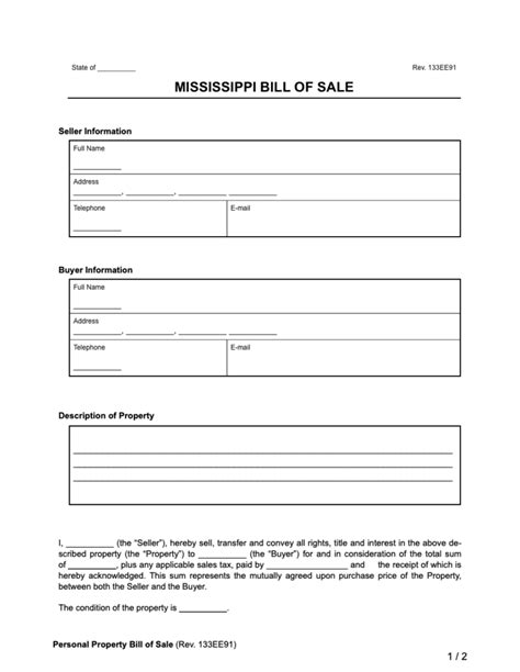 Free Mississippi Bill Of Sale Forms Printable PDF Word