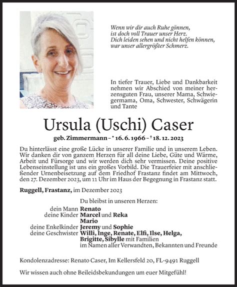 Todesanzeigen Von Ursula Caser Todesanzeigen Vorarlberger Nachrichten