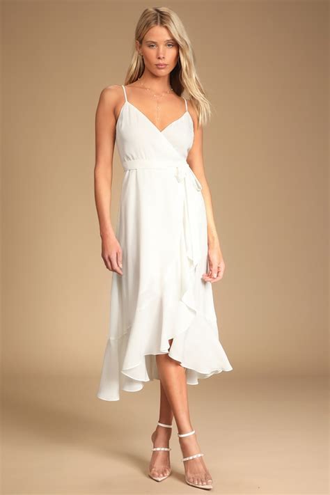 White Wrap Dress Midi Dress White Midi Dress Ruffled Dress Lulus