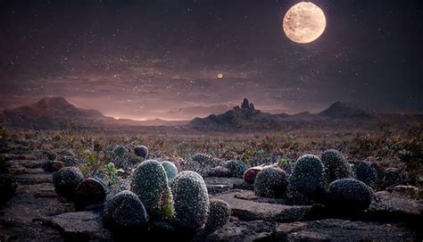 Noche En El Desierto Con Rocas De Cactus Y Tierra Seca Del Desierto