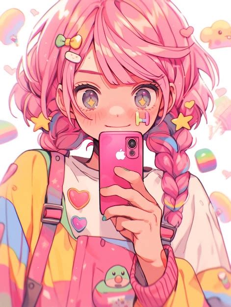 Anime Girl Aux Cheveux Roses Brandissant Un Téléphone Rose Ai Génératif