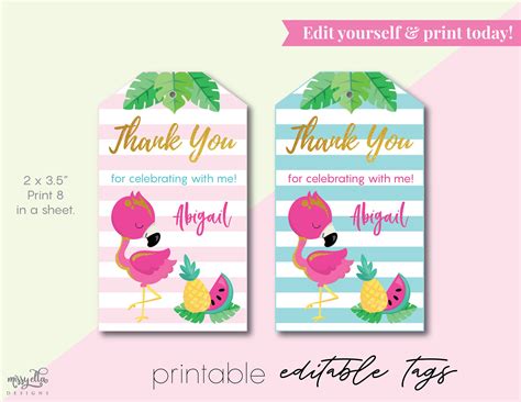 Tropical Pink Flamingo EDITABLE PDF Digital Flamingo Favor Tags