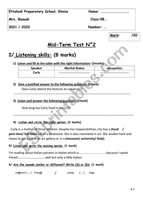 Mid Term2 Test 9th Grade ESL Worksheet By Toufoufa