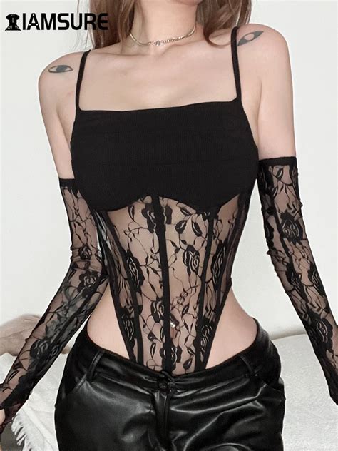 Iamsure Clubwear Patchwork Lace Bodysuits With Gloves Sexy Slim Slash