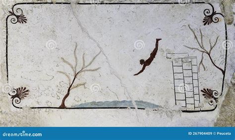 Italy Campania Paestum Fresco Details Of Man Diving In The Diver S