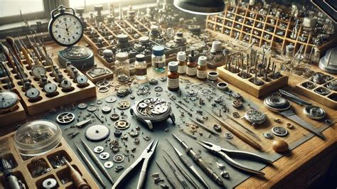 Realistic Watchmaker S Workshop With Tools On A Workbench Stock