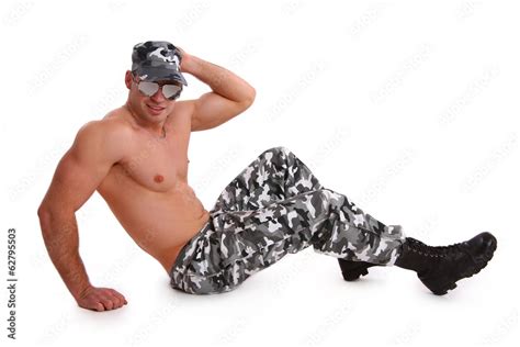 Sexy naked military man on a white background Stock 写真 Adobe Stock