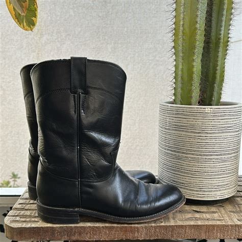 Justin Boots Shoes Vintage Justin Black Leather Roper Style Boot 75