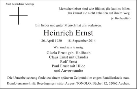 Traueranzeigen Von Heinrich Ernst Aachen Gedenkt