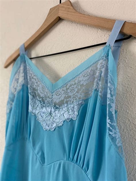 Vintage Slip Nightie Sky Blue Negligee Lace Dress Cut Gem