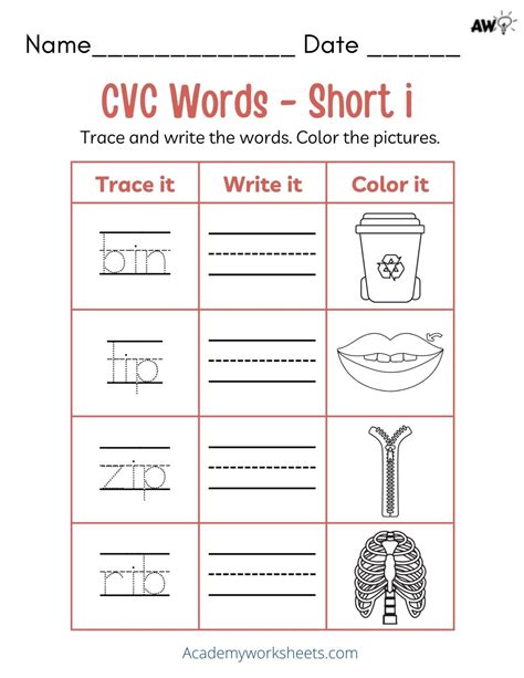 Short i Phonics Worksheets CVC Words - Academy Worksheets