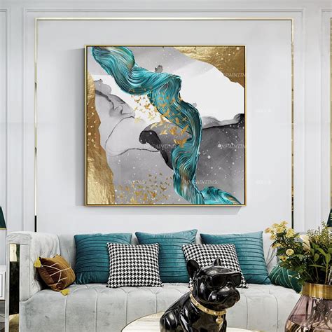 Emerald Green Gold Foil Ribbon Abstract Original Painting On Canvas Livingroom Modern Wall Art