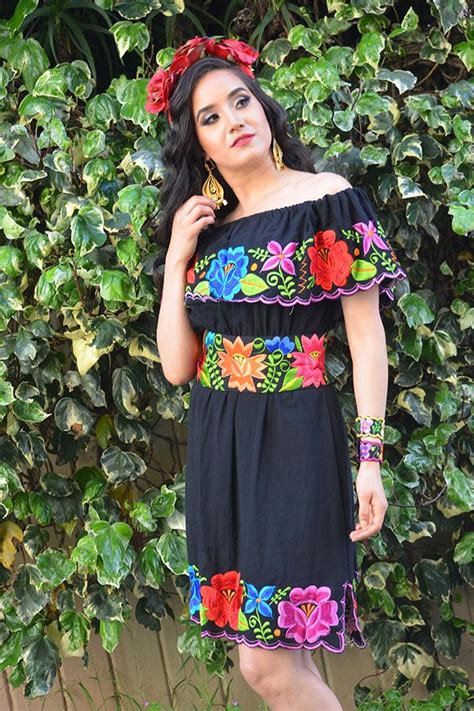 Multicolor Embroidered Off Shoulders Mexican Dress Black Lace Crochet