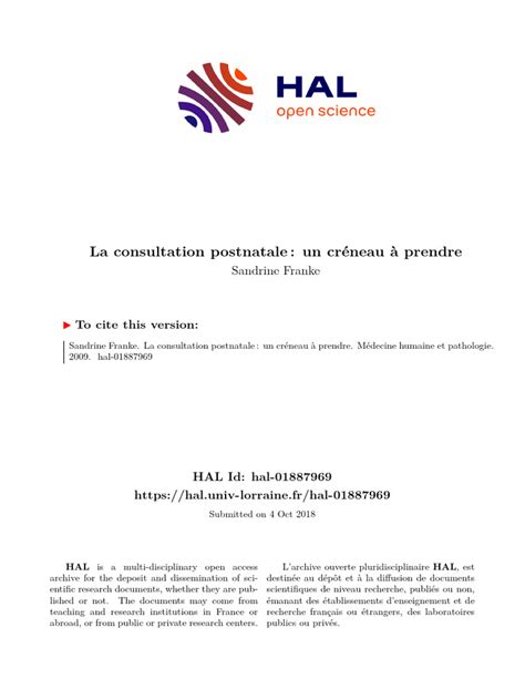 La Consultation Postnatale Un Créneau À Prendre To Cite This Version
