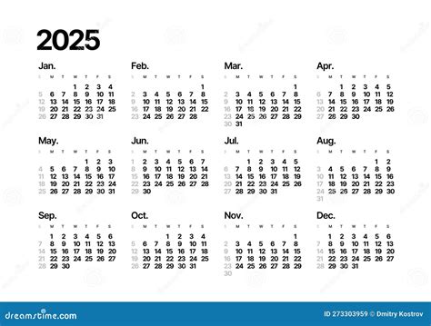 Annual Calendar Template Week Starts On Sunday Stock Vector