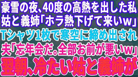 【スカッとする話】40度の高熱の私をこき使う姑と義姉「熱を下げなきゃw気持ち良い？」tシャツで豪雪に締め出され私「助けて」夫「俺は忘年会だw