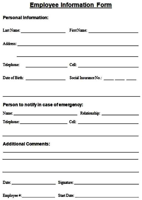 Basic Template Printable Employee Information Form