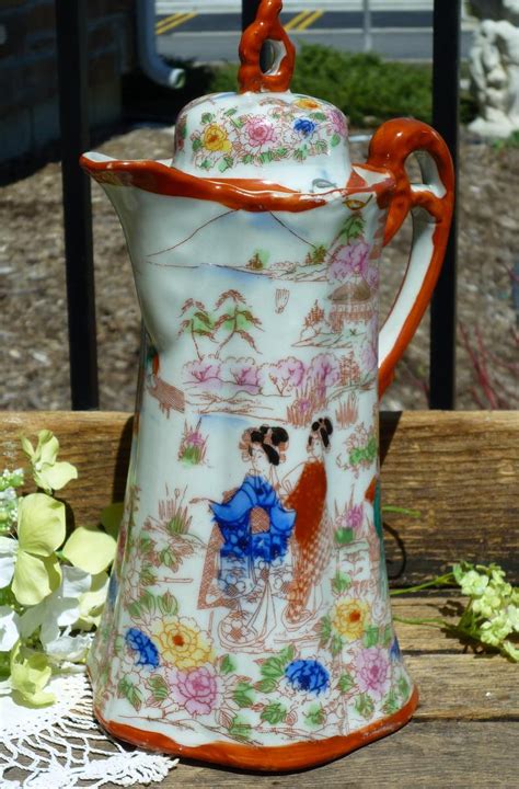 Kutani Style Moriage Geisha Girl Chocolate Pot Tea Or Coffee Pot Hand Painted Japanese