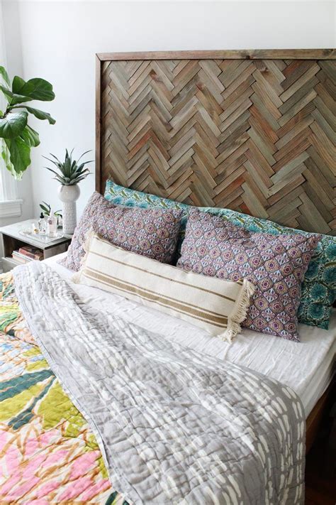 Use Wood Shims To Create A Tiled Herringbone Headboard To Add Texture