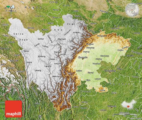 Physical Map of Sichuan, satellite outside