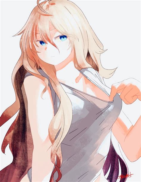 Safebooru 1girl Ahoge Bare Arms Blonde Hair Blue Eyes Closed Mouth Grey Shirt Hair Between