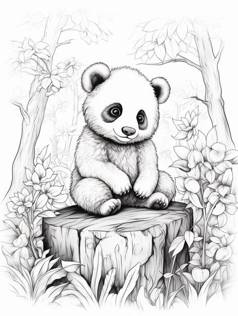 Premium Photo | A drawing of a panda bear sitting on a tree stump ...