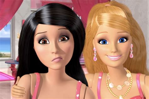 Two Barbie Dolls Standing Next To Each Other In Front Of A Bed With