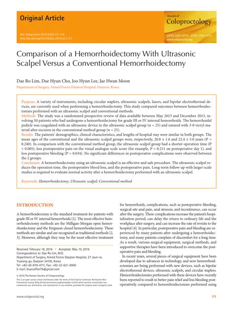 Pdf Comparison Of A Hemorrhoidectomy With Ultrasonic Scalpel Versus A