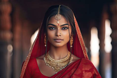 Beautiful Indian Girl Hindu Female Model In Sari And Kundan Accessories Red Traditional Costume