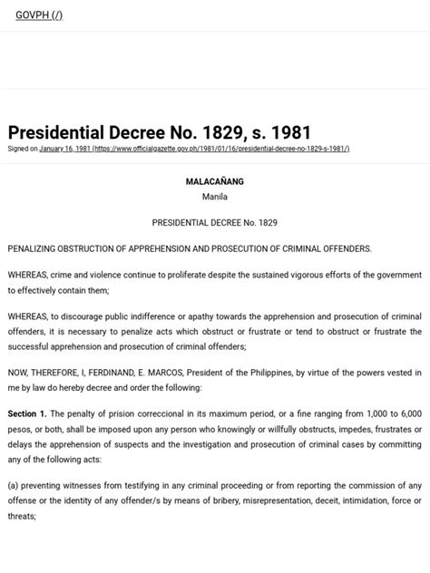 Presidential Decree No 1829 S 1981 Official Gazette Of The