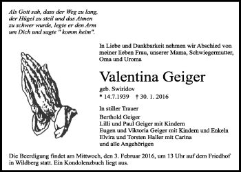 Traueranzeigen von Valentina Geiger Schwarzwälder Bote Trauer