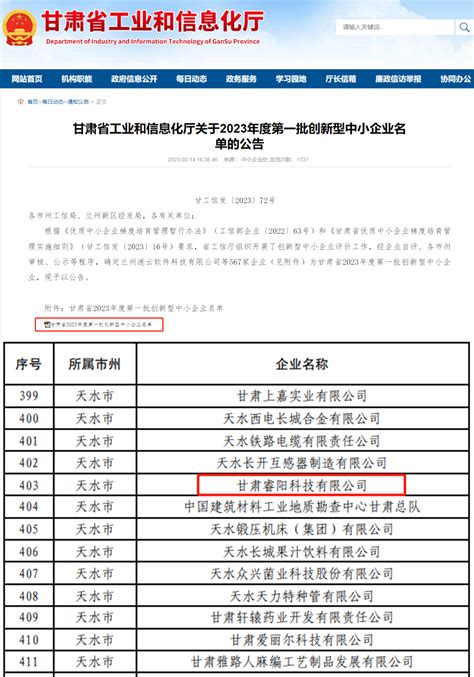 睿阳科技入选甘肃省2023年度第一批创新型中小企业 睿阳科技