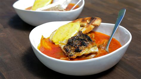 Striped Bass With Tomato Soup And Rouille Andrew Zimmern