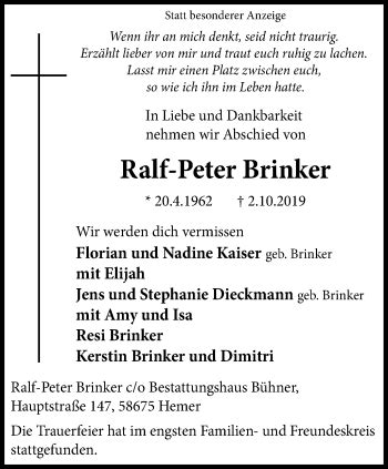 Traueranzeigen Von Ralf Peter Brinker Trauer In Nrw De