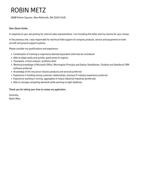 Internal Sales Representative Cover Letter Velvet Jobs