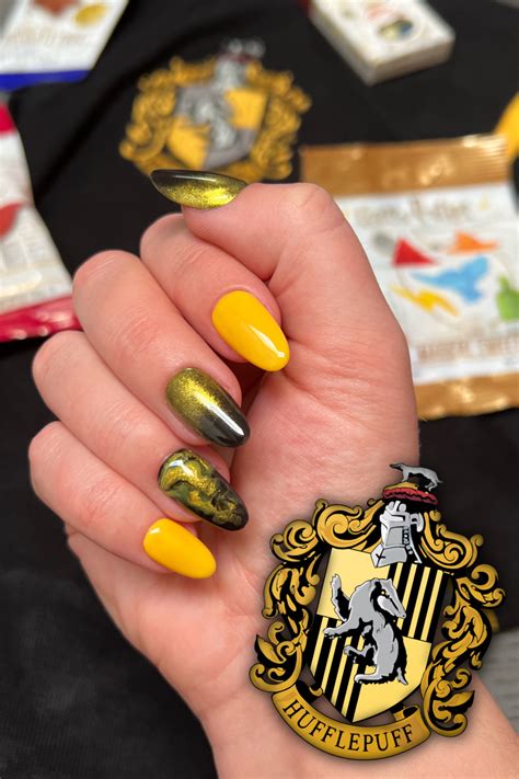 Hufflepuff Nails In 2024 Harry Potter Nail Art Harry Potter Nails