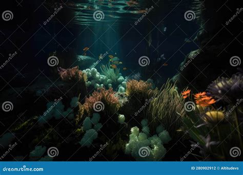 School Of Fish Swimming In An Underwater Garden Of Bioluminescent