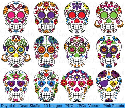 Day Of The Dead Skull Clipart Clip Art Sugar Skulls Clipart Etsy