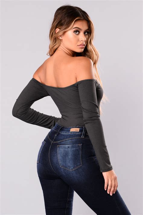 Fool In Love Off Shoulder Bodysuit Charcoal Bodysuits Fashion Nova