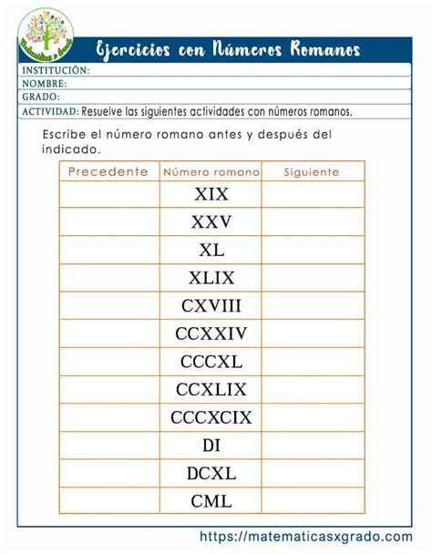 Ejercicios de números romanos para niños de quinto grado