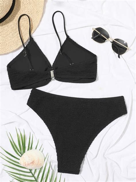 SHEIN Swim Basics Textured Bikini Set O Ring Detail Cami Bra Bikini