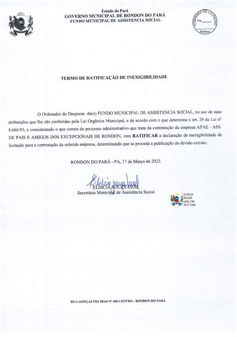 Termo De Ratifica O Assinado Prefeitura Municipal De Rondon Do